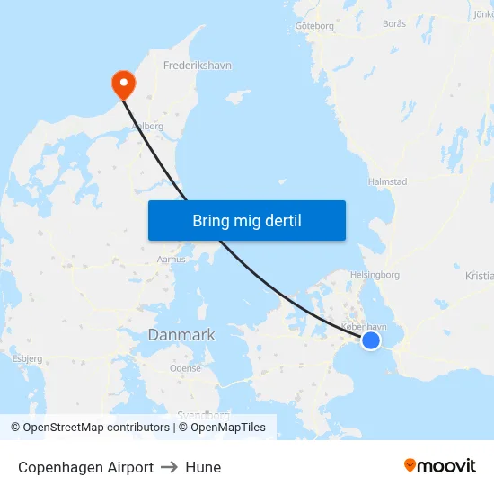 Copenhagen Airport to Hune map