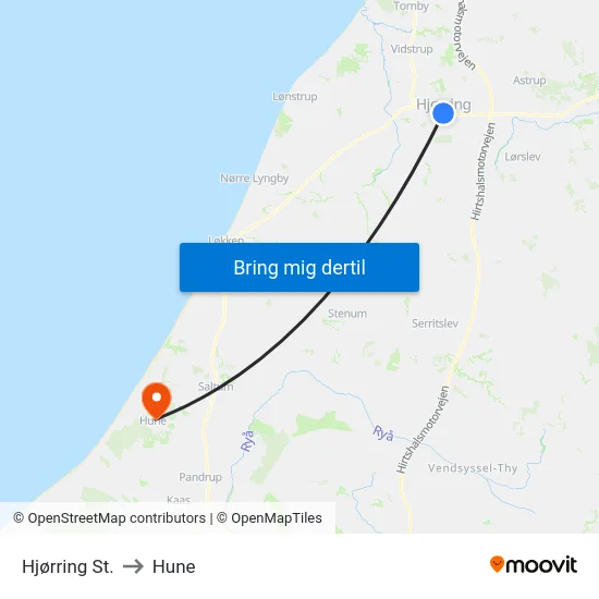 Hjørring St. to Hune map