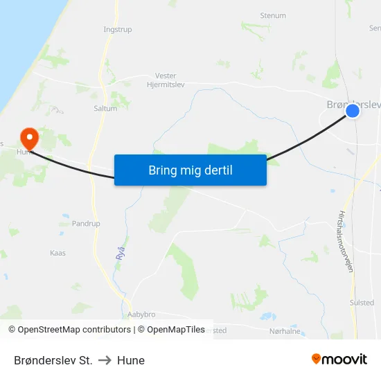Brønderslev St. to Hune map