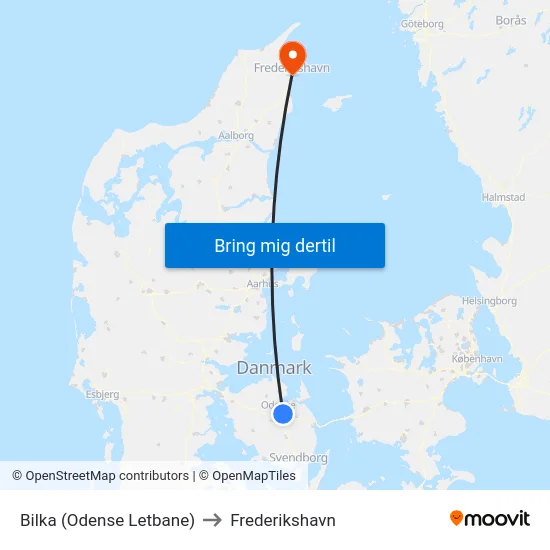 Bilka (Odense Letbane) to Frederikshavn map
