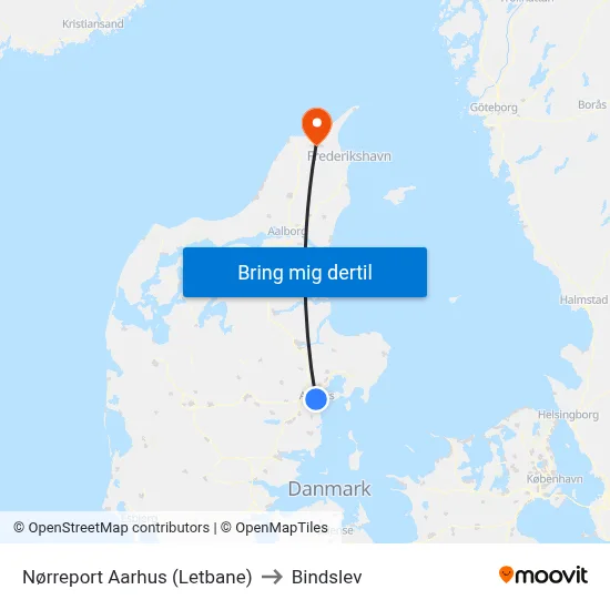 Nørreport Aarhus (Letbane) to Bindslev map