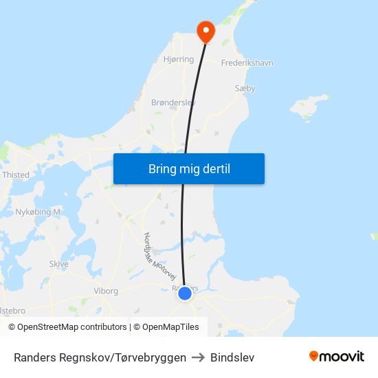 Randers Regnskov/Tørvebryggen to Bindslev map