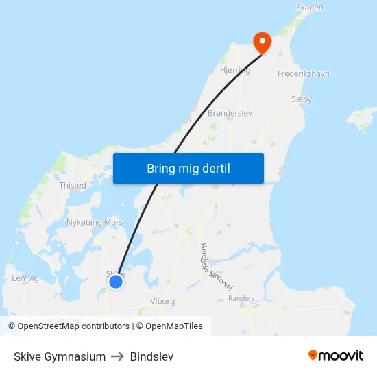 Skive Gymnasium to Bindslev map