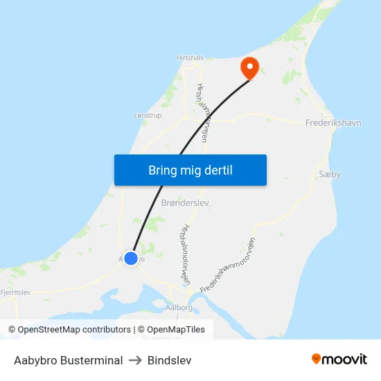 Aabybro Busterminal to Bindslev map