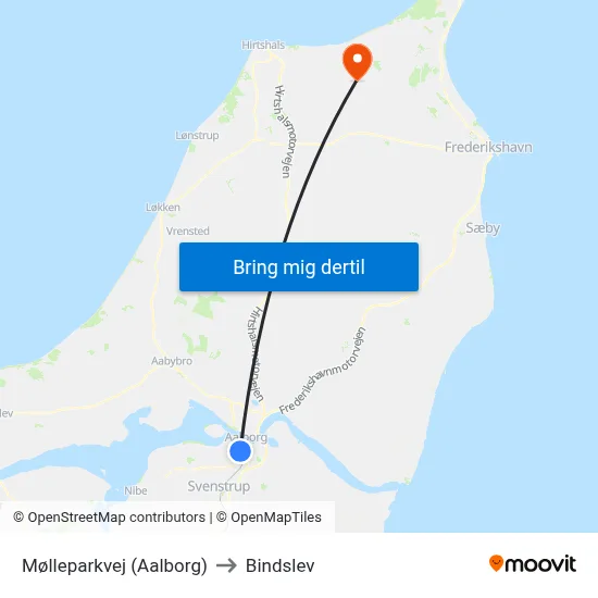 Mølleparkvej (Aalborg) to Bindslev map