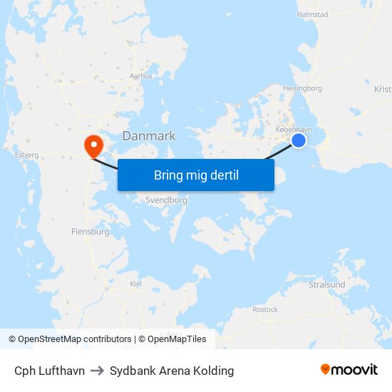 Cph Lufthavn to Sydbank Arena Kolding map