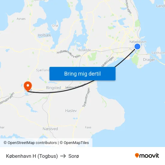 København H (Togbus) to Sorø map
