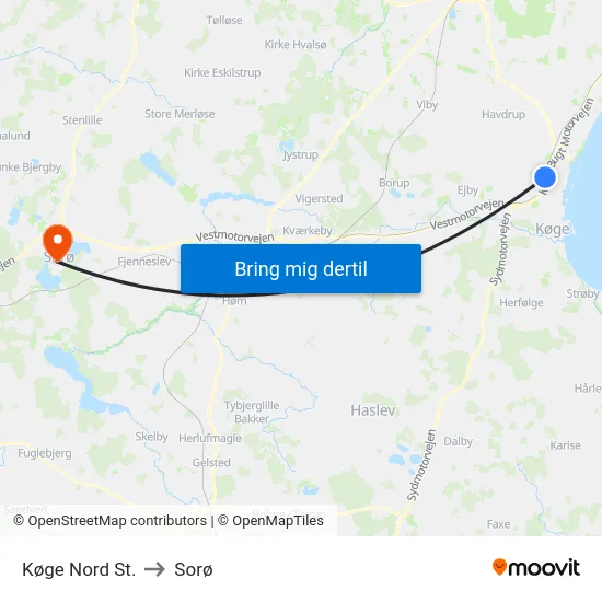 Køge Nord St. to Sorø map