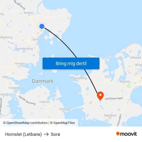 Hornslet (Letbane) to Sorø map