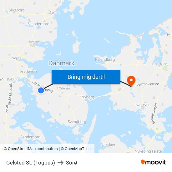 Gelsted St. (Togbus) to Sorø map