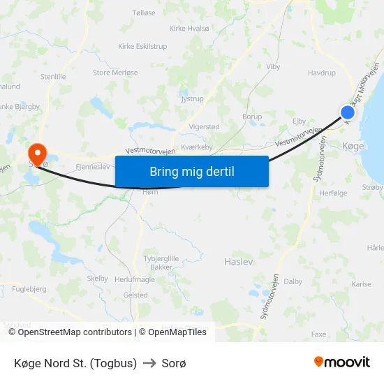 Køge Nord St. (Togbus) to Sorø map