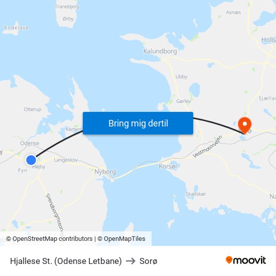 Hjallese St. (Odense Letbane) to Sorø map