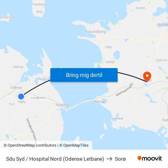 Sdu Syd / Hospital Nord (Odense Letbane) to Sorø map