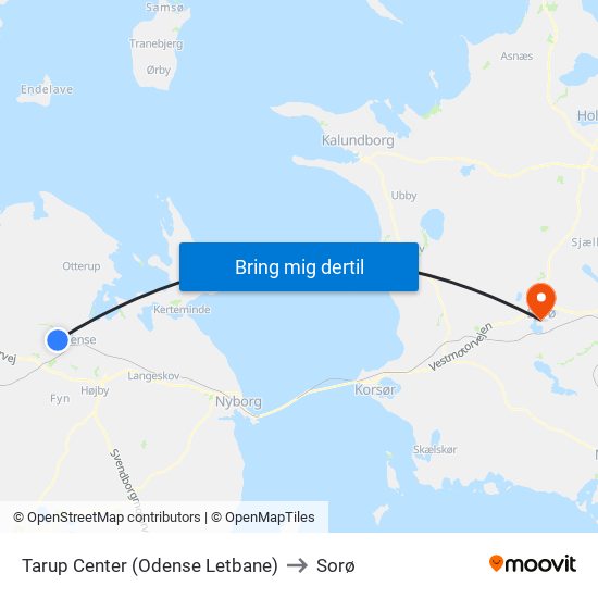 Tarup Center (Odense Letbane) to Sorø map