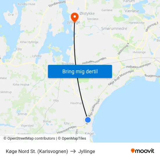 Køge Nord St. (Karlsvognen) to Jyllinge map