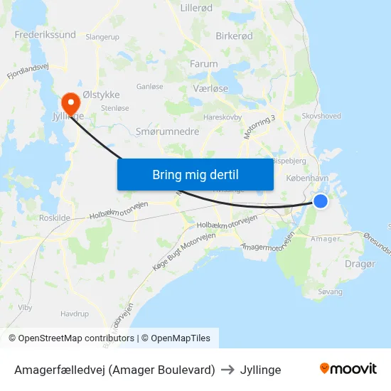 Amagerfælledvej (Amager Boulevard) to Jyllinge map