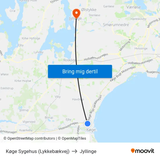 Køge Sygehus (Lykkebækvej) to Jyllinge map