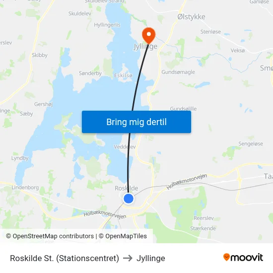 Roskilde St. (Stationscentret) to Jyllinge map