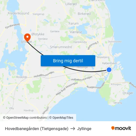 Hovedbanegården (Tietgensgade) to Jyllinge map