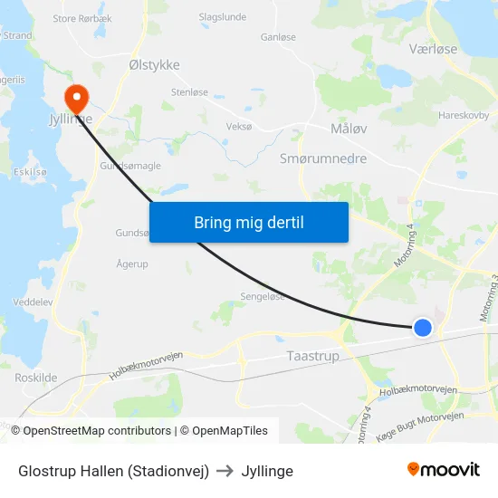 Glostrup Hallen (Stadionvej) to Jyllinge map
