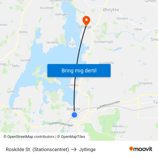 Roskilde St. (Stationscentret) to Jyllinge map