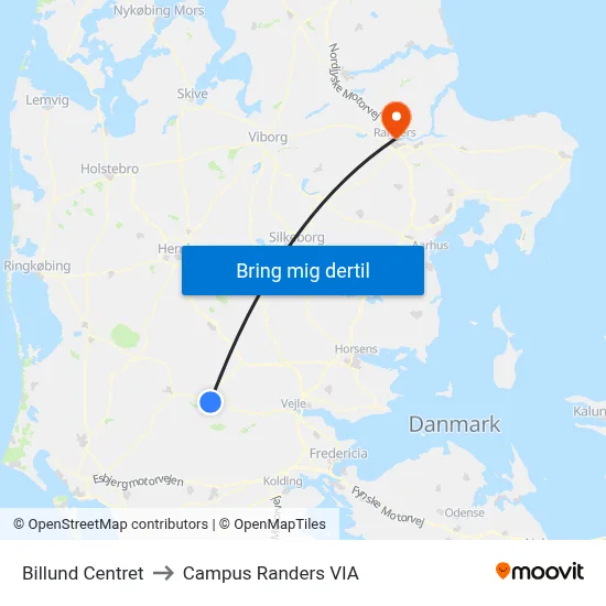 Billund Centret to Campus Randers VIA map