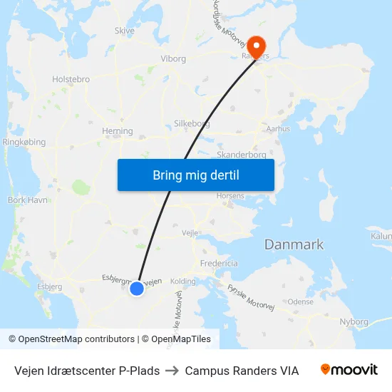 Vejen Idrætscenter P-Plads to Campus Randers VIA map