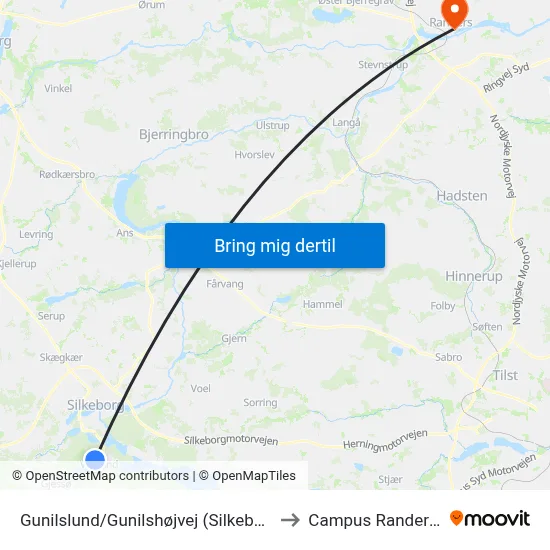 Gunilslund/Gunilshøjvej (Silkeborg Kom) to Campus Randers VIA map