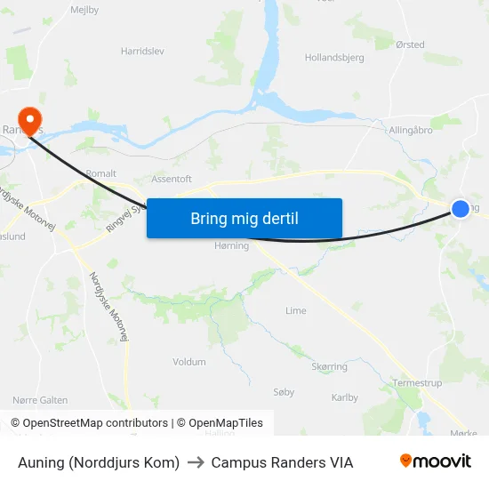 Auning (Norddjurs Kom) to Campus Randers VIA map