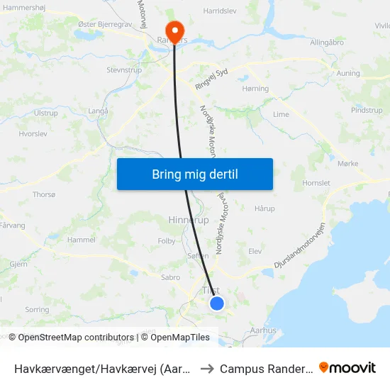 Havkærvænget/Havkærvej (Aarhus Kom) to Campus Randers VIA map
