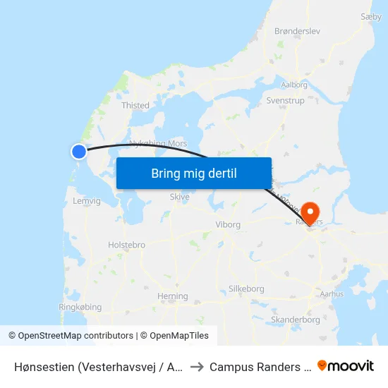 Hønsestien (Vesterhavsvej / Agger) to Campus Randers VIA map
