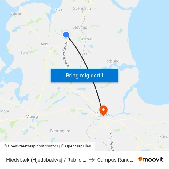 Hjedsbæk (Hjedsbækvej / Rebild Kommune) to Campus Randers VIA map