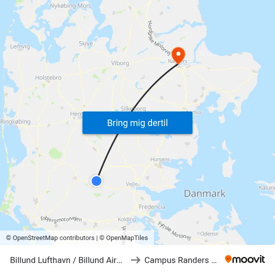 Billund Lufthavn / Billund Airport to Campus Randers VIA map