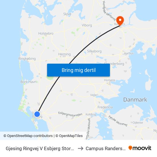 Gjesing Ringvej V Esbjerg Storcenter to Campus Randers VIA map