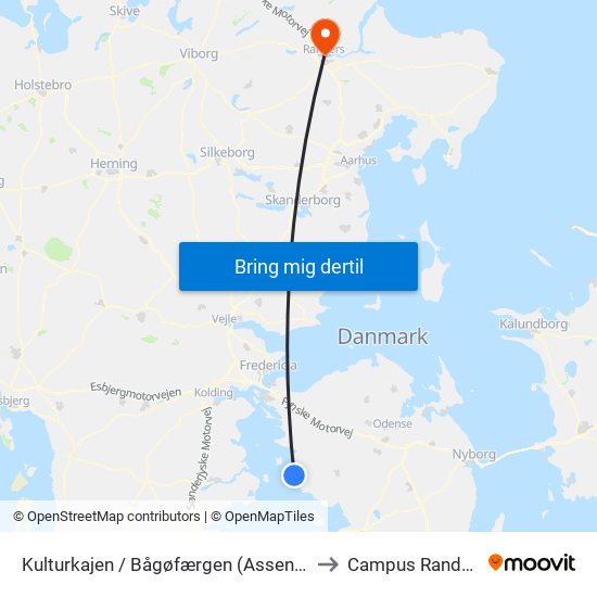 Kulturkajen / Bågøfærgen (Assens Kommune) to Campus Randers VIA map