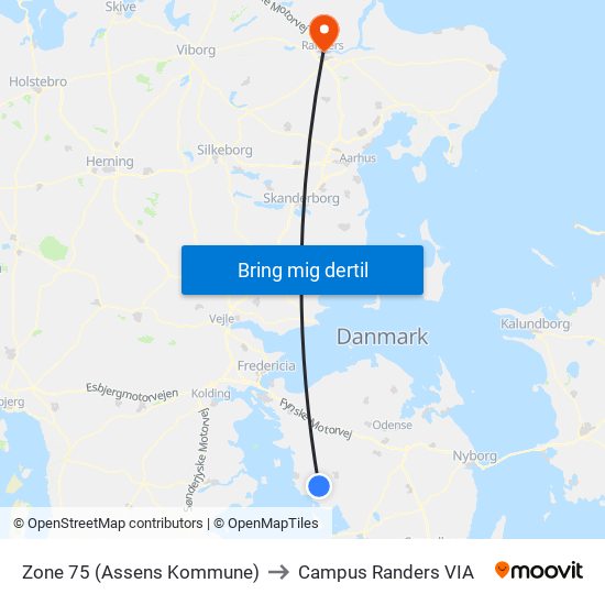 Zone 75 (Assens Kommune) to Campus Randers VIA map