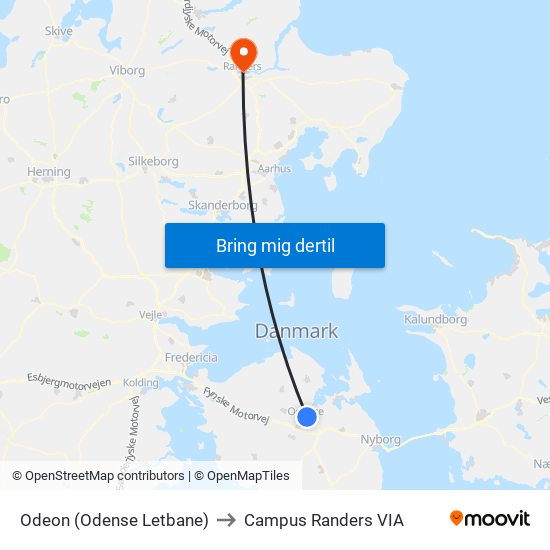 Odeon (Odense Letbane) to Campus Randers VIA map