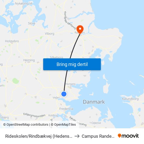 Rideskolen/Rindbækvej (Hedensted Kom) to Campus Randers VIA map