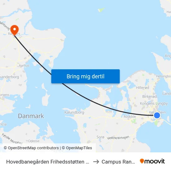 Hovedbanegården Frihedsstøtten (Vesterbrogade) to Campus Randers VIA map