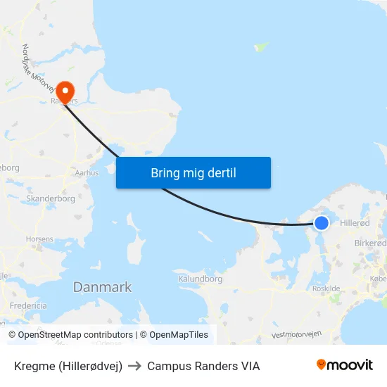 Kregme (Hillerødvej) to Campus Randers VIA map