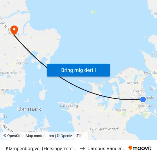 Klampenborgvej (Helsingørmotorvejen) to Campus Randers VIA map