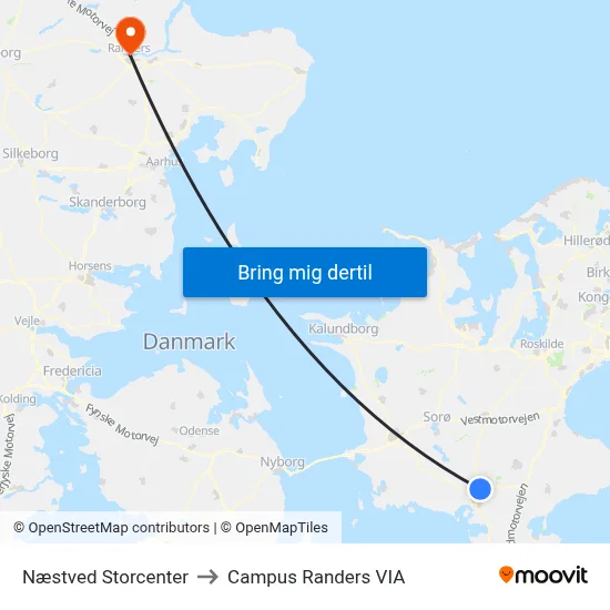Næstved Storcenter to Campus Randers VIA map