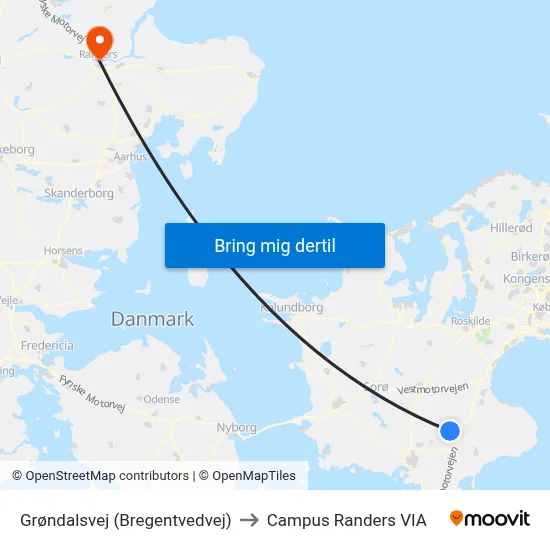 Grøndalsvej (Bregentvedvej) to Campus Randers VIA map