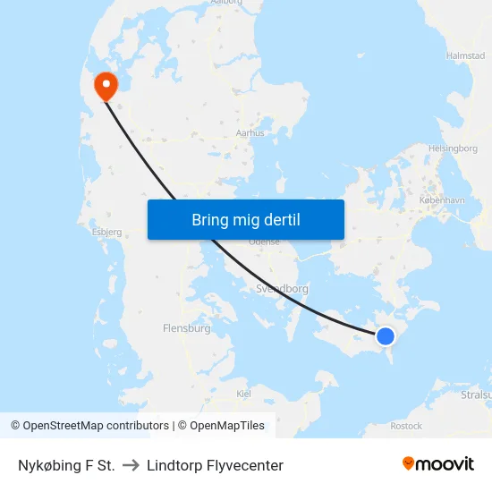 Nykøbing F St. to Lindtorp Flyvecenter map