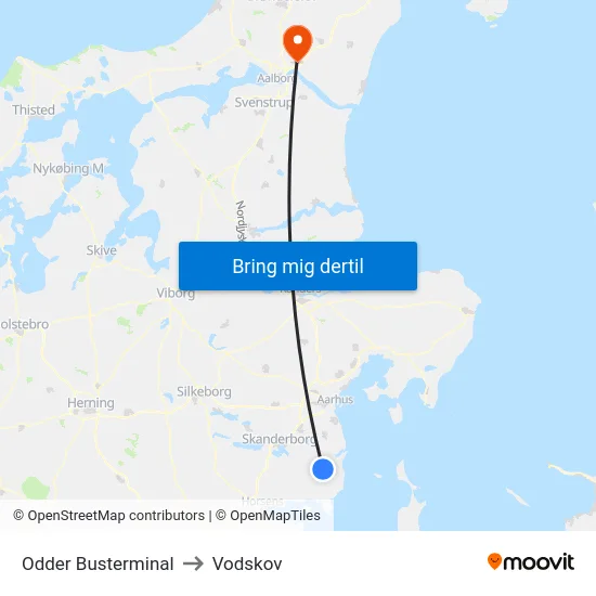 Odder Busterminal to Vodskov map