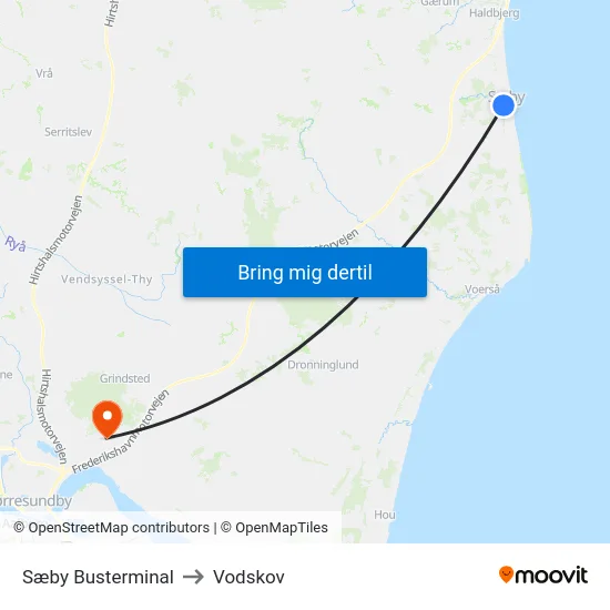 Sæby Busterminal to Vodskov map