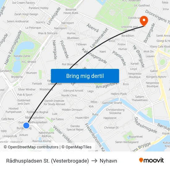Rådhuspladsen St. (Vesterbrogade) to Nyhavn map