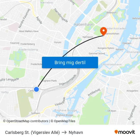 Carlsberg St. (Vigerslev Allé) to Nyhavn map