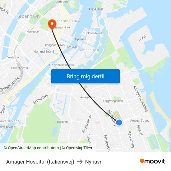 Amager Hospital (Italiensvej) to Nyhavn map