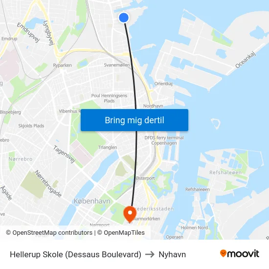Hellerup Skole (Dessaus Boulevard) to Nyhavn map